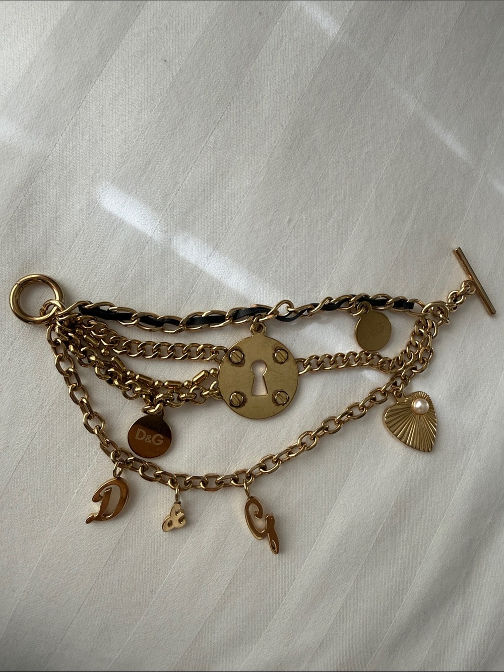 D&G Gold-Tone Charm Bracelet with Heart and Keyhole Charms